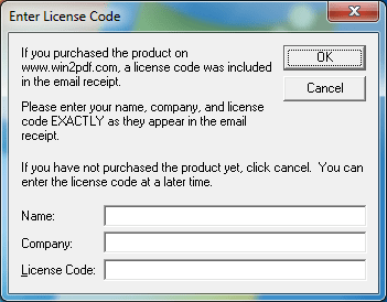 Enter license code window