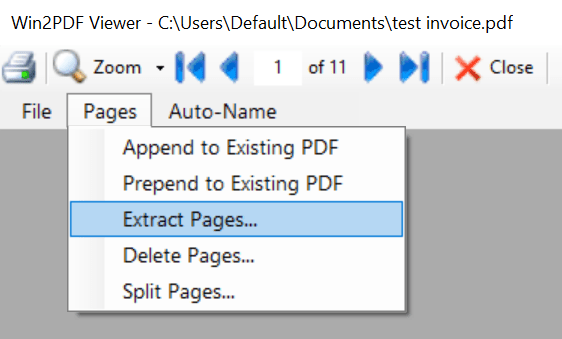 Win2PDF Desktop - Extract Pages Menu