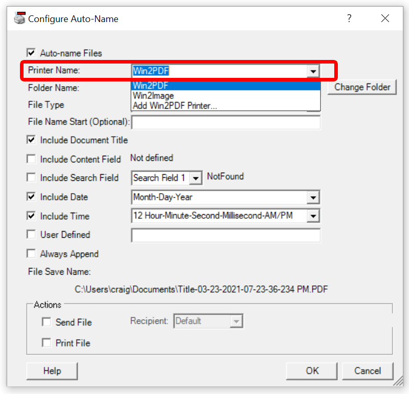 Configure Win2PDF Auto-Name: Select Printer